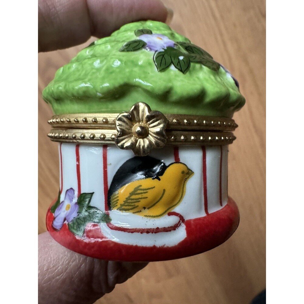 Ceramic Porcelain Trinket Box Flower Yellow Bird‎ Cage Round Dome Lidded Jewelry